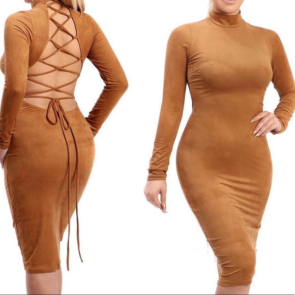 Lace Me Up Camel Suede Dress - Picture 1 of 4
